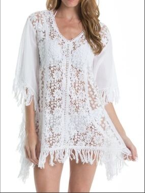 Elan White Crochet and Lace Boho Fringe Swim Coverup OS